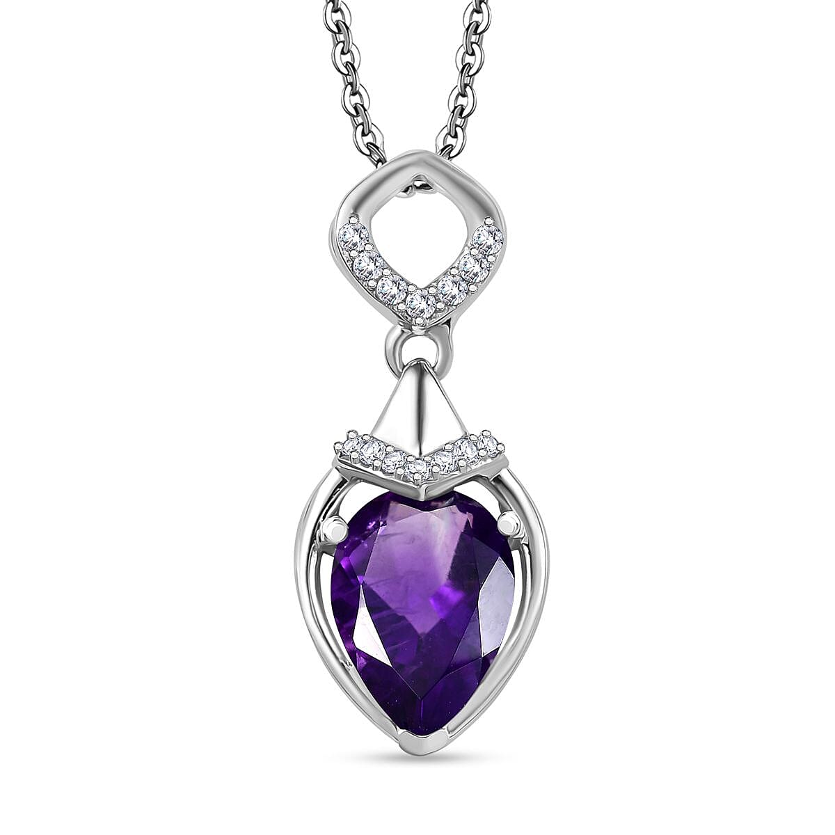 AAA African Amethyst &amp; White Zircon Pendant with Chain (Size - 20) in Rhodium Overlay Sterling Silver 1.94 Ct. 4355575 0