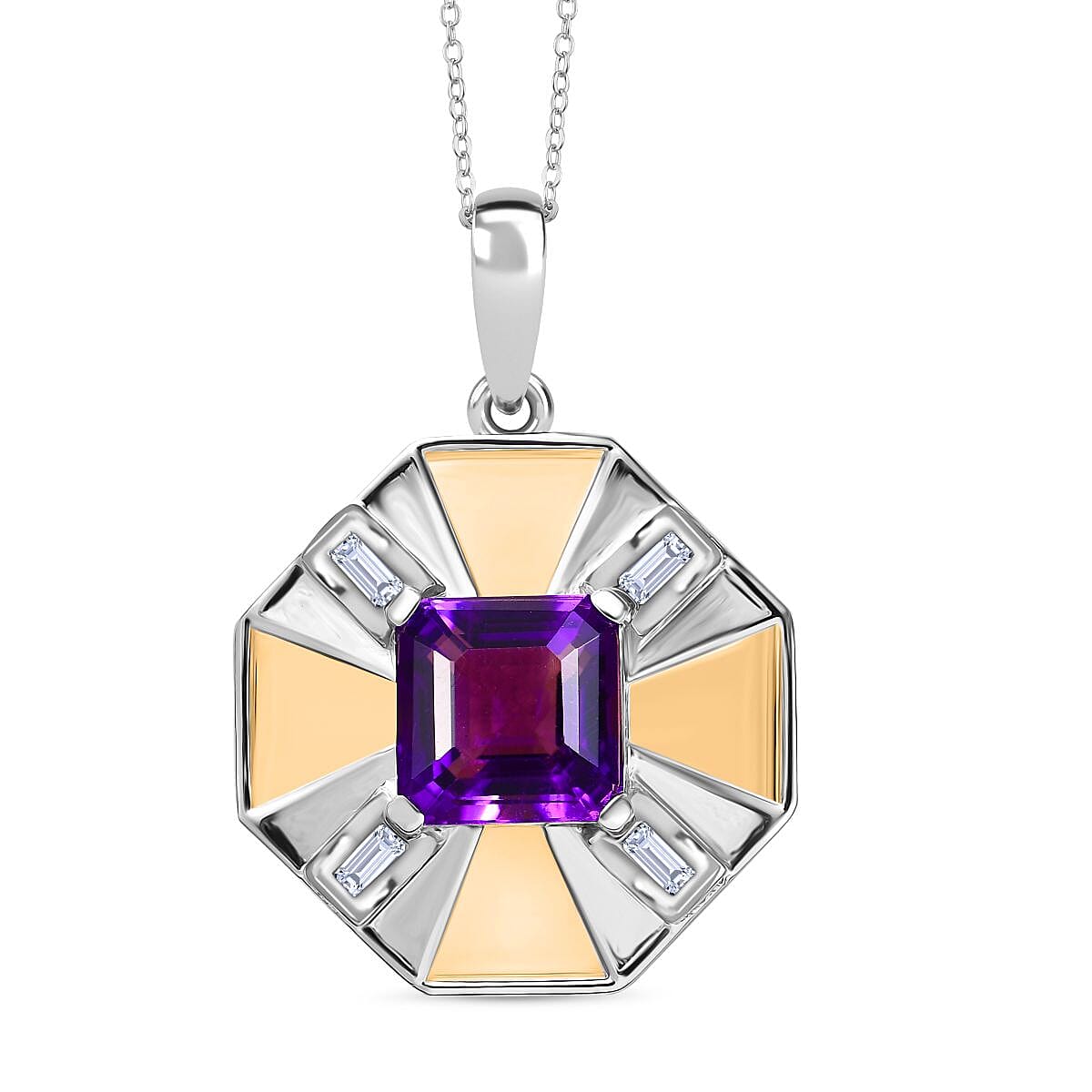 AAA African Amethyst &amp; White Zircon Pendant with Chain (Size - 20) in 18K Vermeil Yellow Gold Plated &amp; Rhodium Overlay Sterling Silver 2.70 Ct. 4355828 0