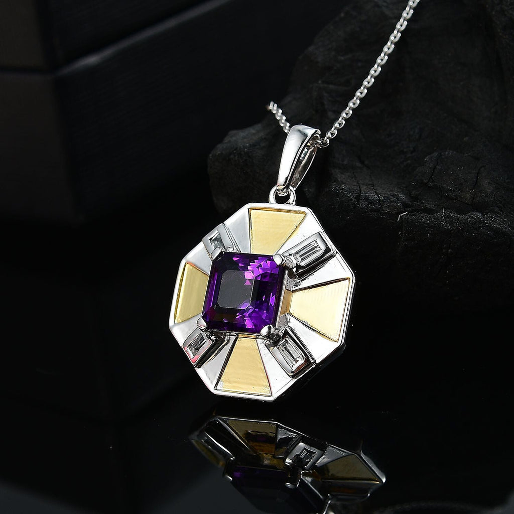 AAA African Amethyst & White Zircon Pendant with Chain (Size - 20) in 18K Vermeil Yellow Gold Plated & Rhodium Overlay Sterling Silver 2.70 Ct.