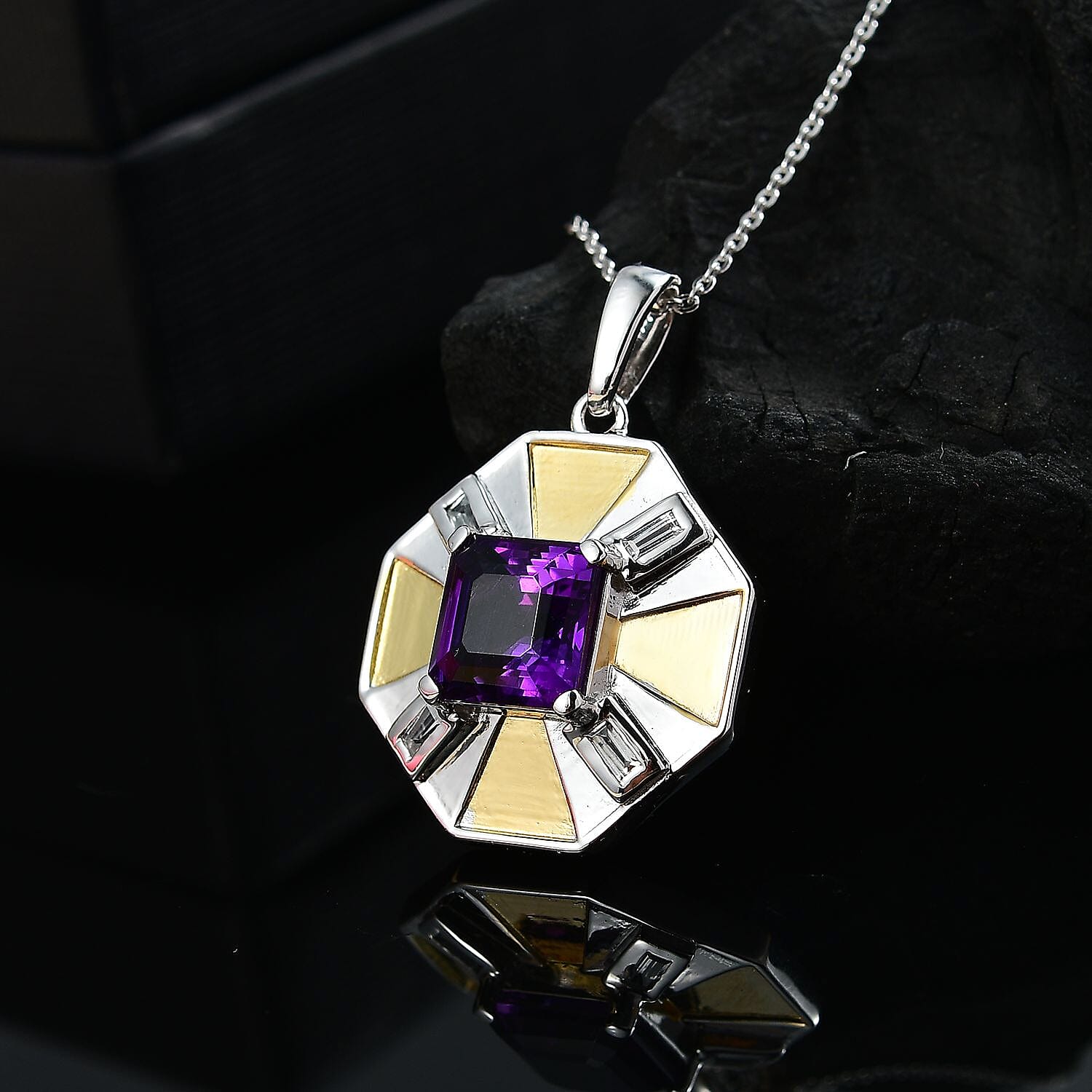 AAA African Amethyst &amp; White Zircon Pendant with Chain (Size - 20) in 18K Vermeil Yellow Gold Plated &amp; Rhodium Overlay Sterling Silver 2.70 Ct. 4355828 1