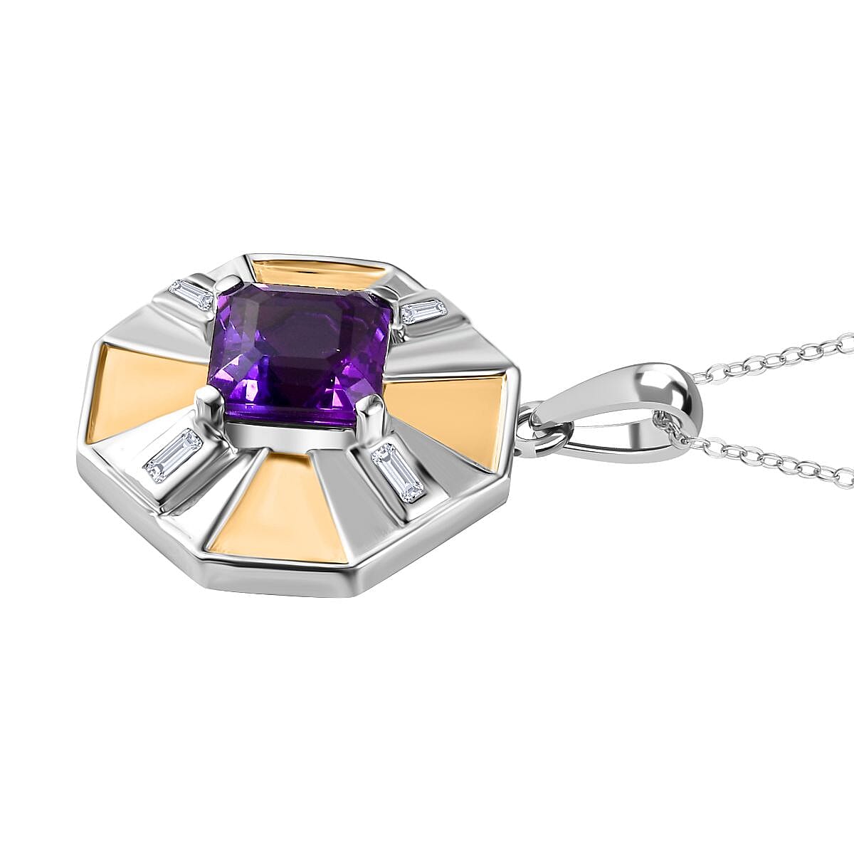 AAA African Amethyst &amp; White Zircon Pendant with Chain (Size - 20) in 18K Vermeil Yellow Gold Plated &amp; Rhodium Overlay Sterling Silver 2.70 Ct. 4355828 3