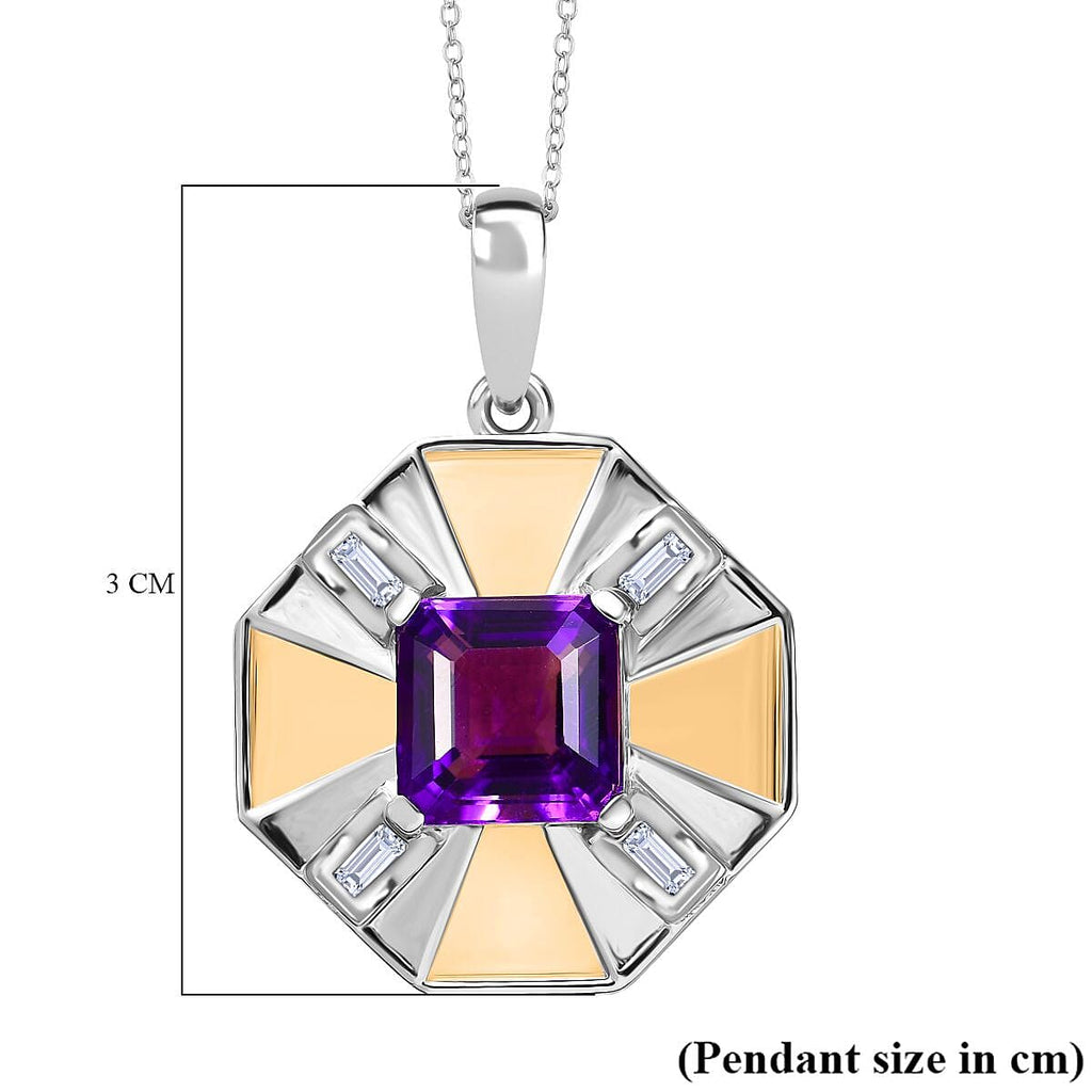 AAA African Amethyst & White Zircon Pendant with Chain (Size - 20) in 18K Vermeil Yellow Gold Plated & Rhodium Overlay Sterling Silver 2.70 Ct.