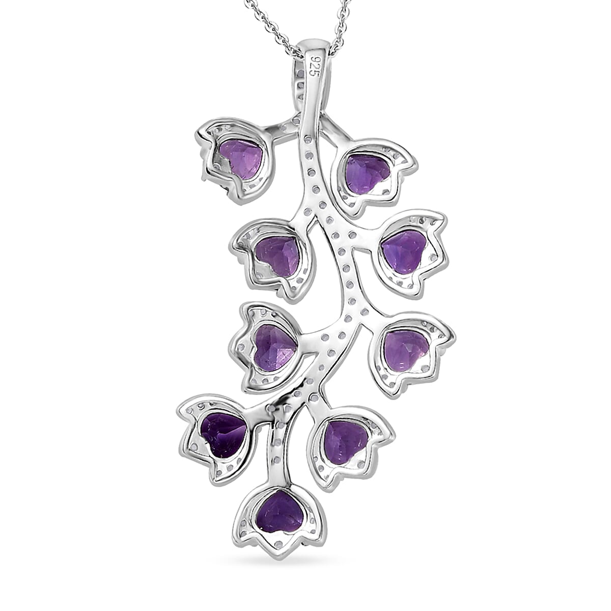 African Amethyst &amp; White Zircon Pendant with Chain (Size 20) in Rhodium Overlay Sterling Silver 6.50 Ct, Silver Wt. 7.40 Gms. 4357801 5