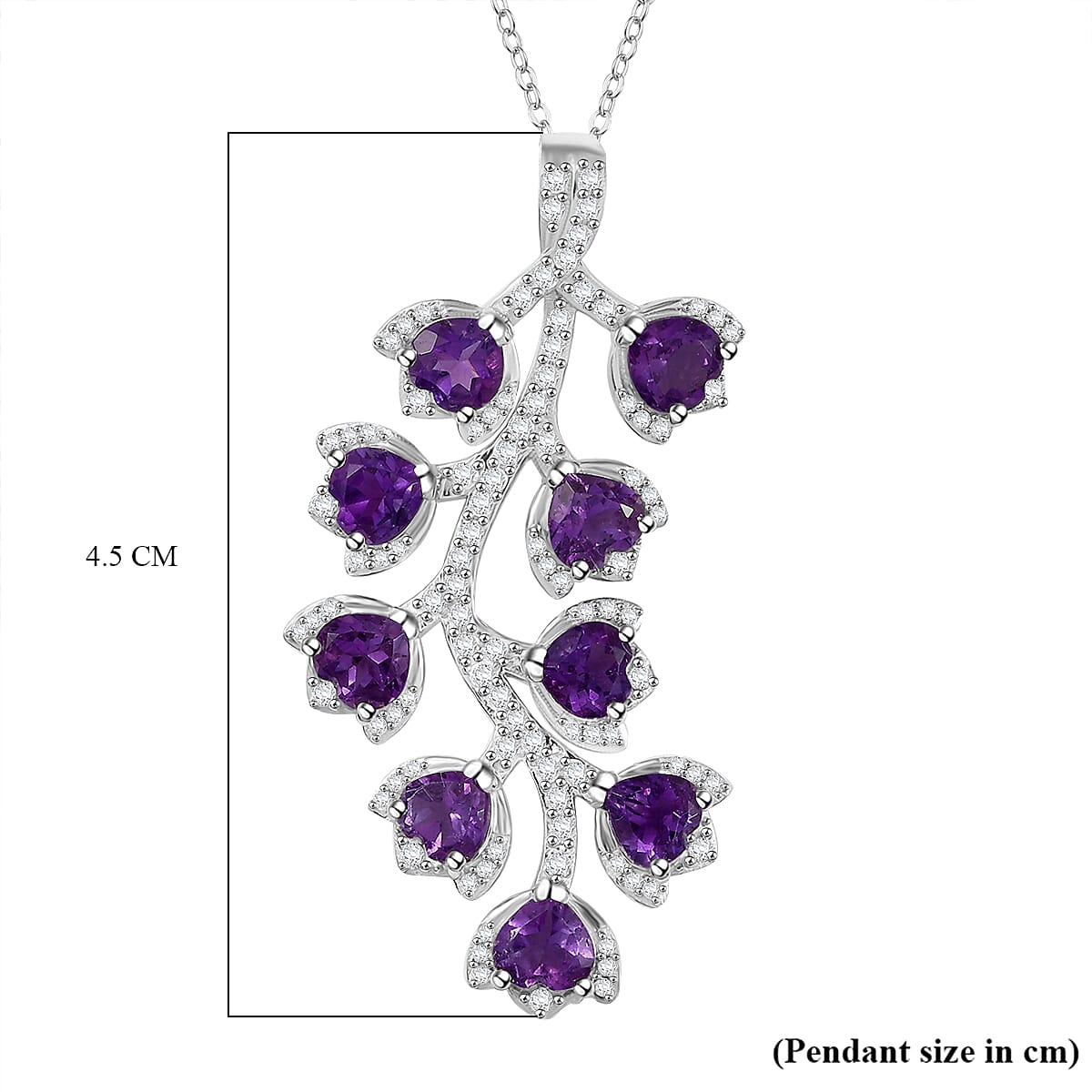 African Amethyst &amp; White Zircon Pendant with Chain (Size 20) in Rhodium Overlay Sterling Silver 6.50 Ct, Silver Wt. 7.40 Gms. 4357801 6