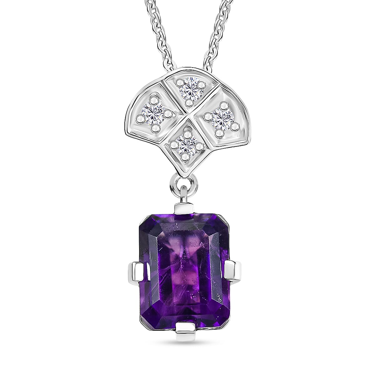 D'joy AAA African Amethyst &amp; White Zircon Pendant with Chain (Size 20) in Rhodium Overlay Sterling Silver 3.55 Ct. 4396603 0