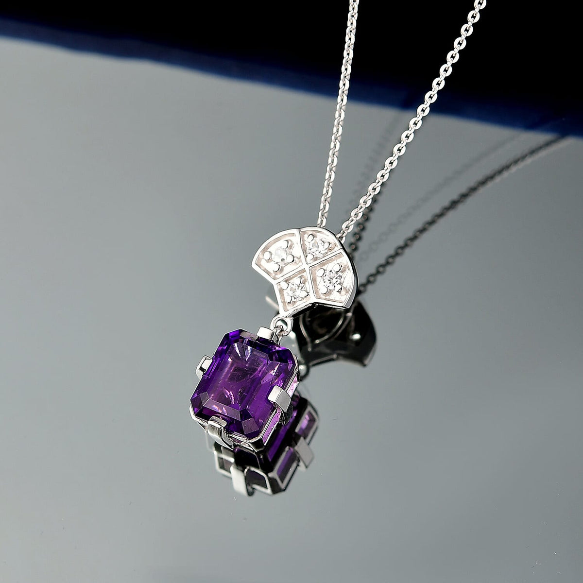 D'joy AAA African Amethyst &amp; White Zircon Pendant with Chain (Size 20) in Rhodium Overlay Sterling Silver 3.55 Ct. 4396603 3