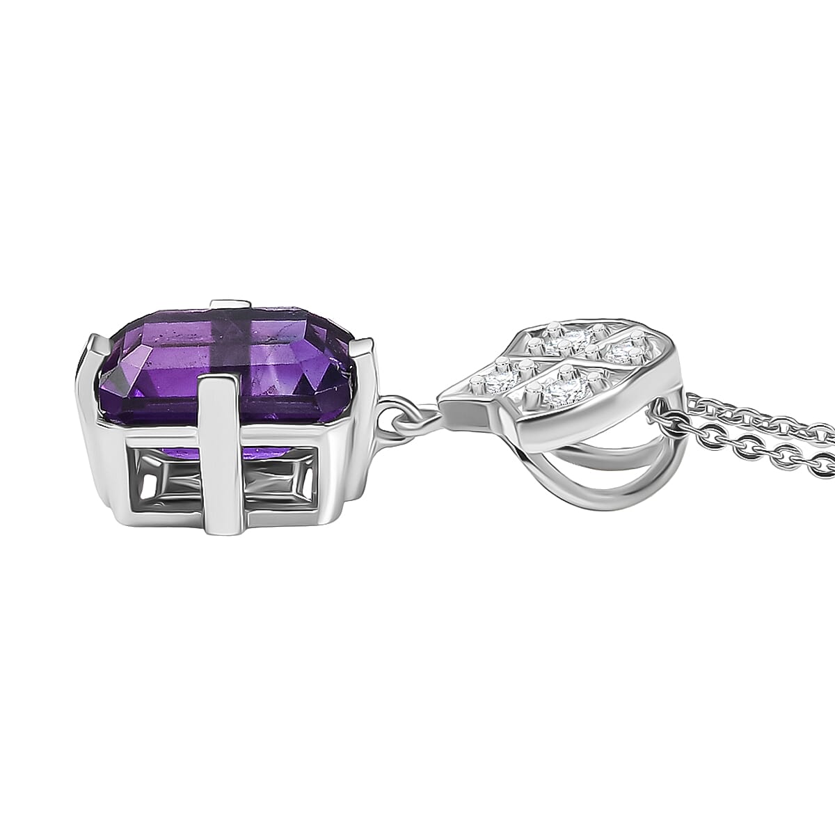 D'joy AAA African Amethyst &amp; White Zircon Pendant with Chain (Size 20) in Rhodium Overlay Sterling Silver 3.55 Ct. 4396603 4