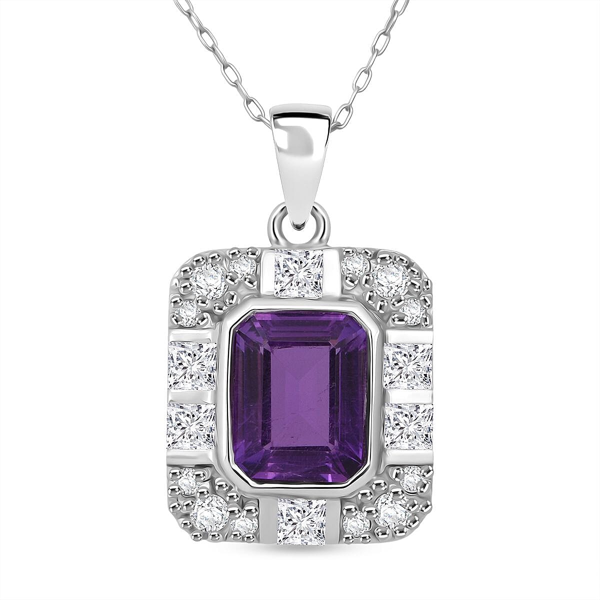 African Amethyst &amp; White Zircon Pendant with Chain (Size 20) in Rhodium Overlay Sterling Silver 3.32 Ct. 4440561 0