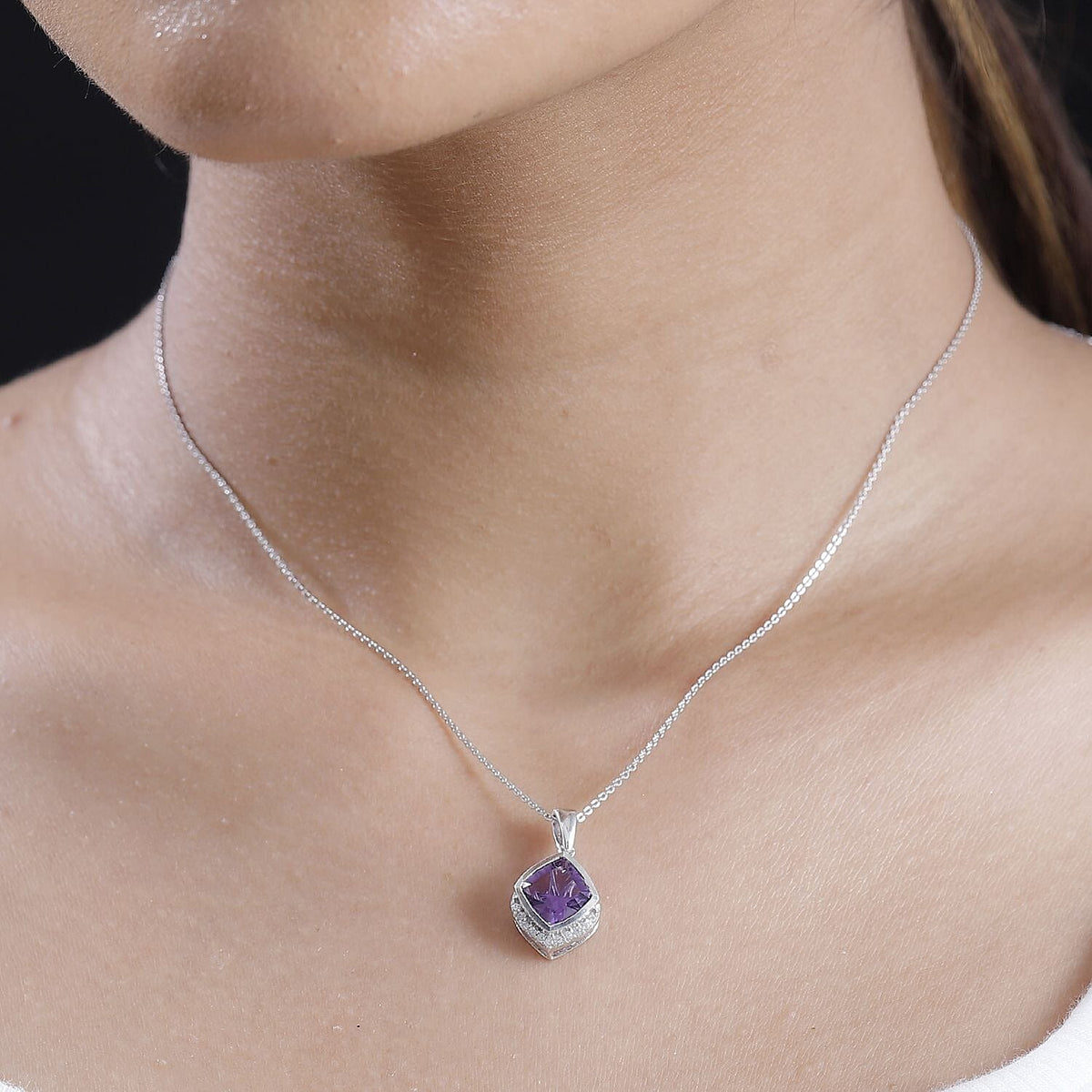 Concave Cut Zambian Amethyst and White Zircon Pendant with Chain (Size 20) in Rhodium Overlay Sterling Silver 4307113 5