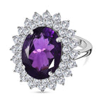 AAA African Amethyst & White Zircon Halo Ring in Rhodium Overlay Sterling Silver 12.00 Ct