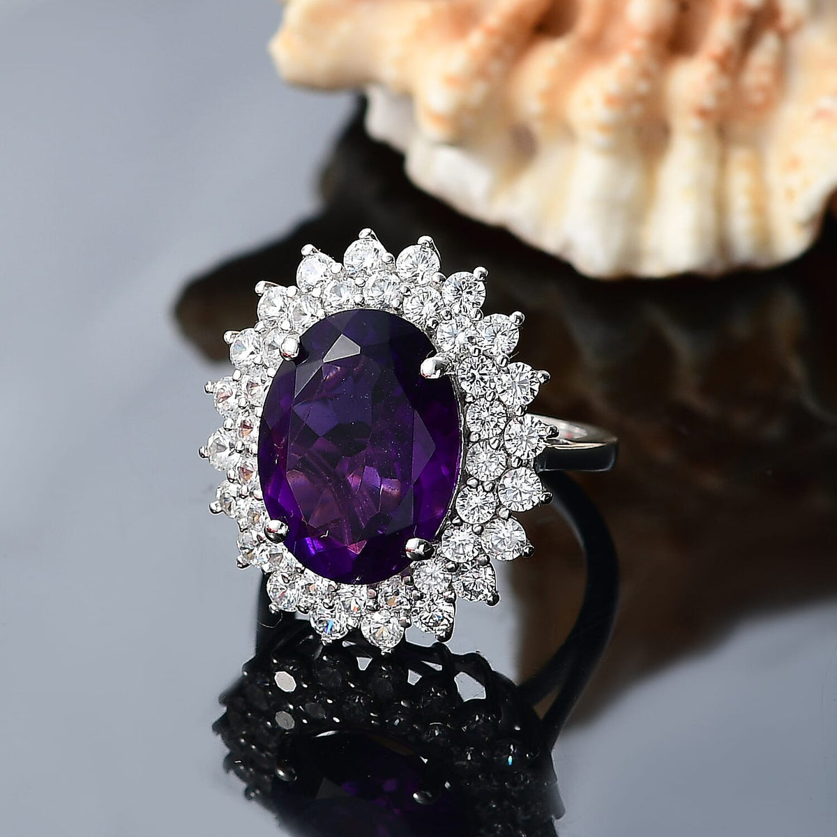 African Amethyst, White Zircon Double Halo Ring in Rhodium Overlay Sterling Silver 8047213 2