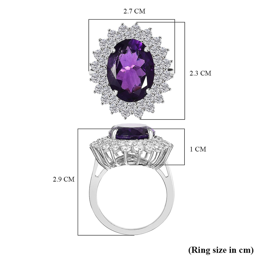 AAA African Amethyst & White Zircon Halo Ring in Rhodium Overlay Sterling Silver 12.00 Ct
