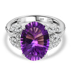 AAA Concave Cut  Zambian Amethyst & White Zircon Solitaire Ring in Rhodium Overlay Sterling Silver 5.81 Ct.
