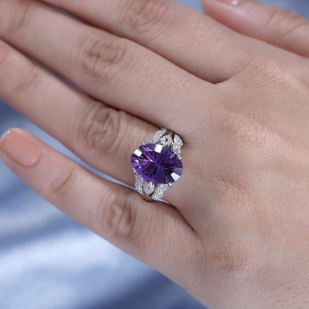 African Amethyst, White Zircon Ring in Rhodium Overlay Sterling Silver 7928605 5