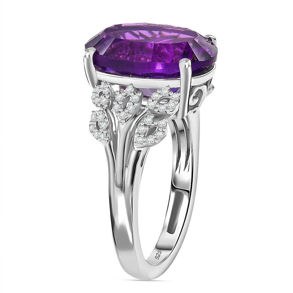 AAA Concave Cut  Zambian Amethyst & White Zircon Solitaire Ring in Rhodium Overlay Sterling Silver 5.81 Ct.