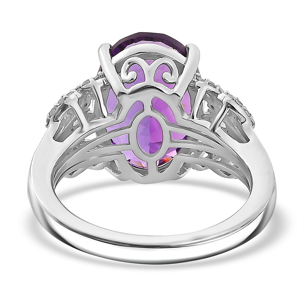 African Amethyst, White Zircon Ring in Rhodium Overlay Sterling Silver 7928605 9