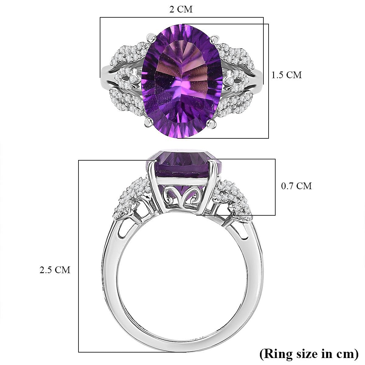 African Amethyst, White Zircon Ring in Rhodium Overlay Sterling Silver 7928605 11
