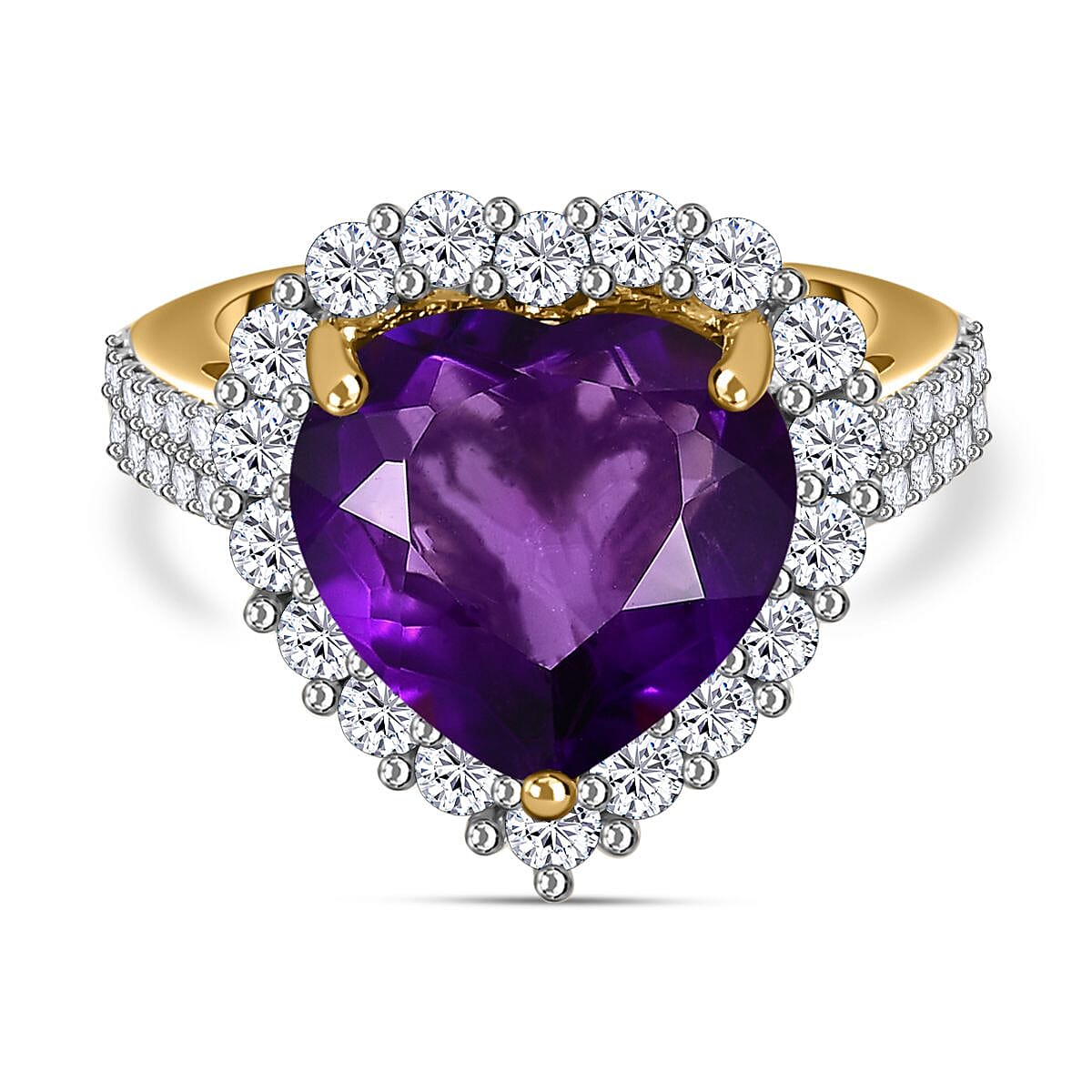African Amethyst, White Zircon Heart Ring in 18K Vermeil Yellow Gold Plated Sterling Silver 7711791 0