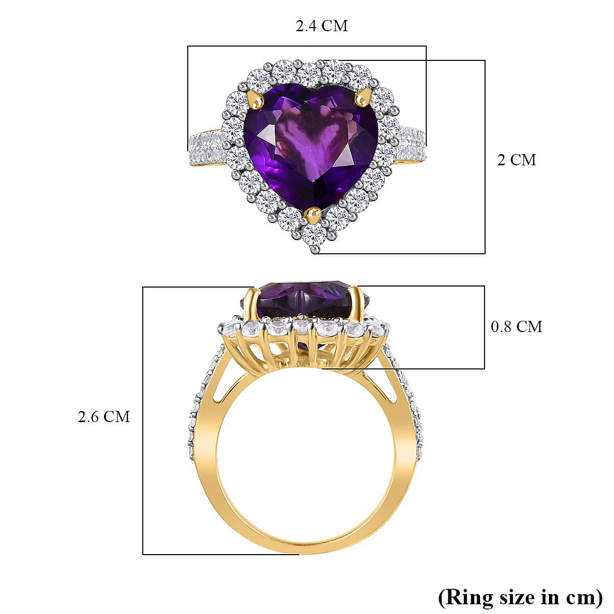 African Amethyst, White Zircon Heart Ring in 18K Vermeil Yellow Gold Plated Sterling Silver 7711791 5