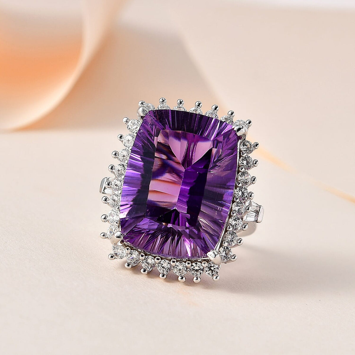 Amethyst &amp; Natural Zircon Halo Ring in Platinum Overlay Sterling Silver, 21.50 Ct, Silver Wt 6.60 GM 7646471 1