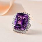 Amethyst & Natural Zircon Halo Ring in Platinum Overlay Sterling Silver, 21.50 Ct, Silver Wt 6.60 GM