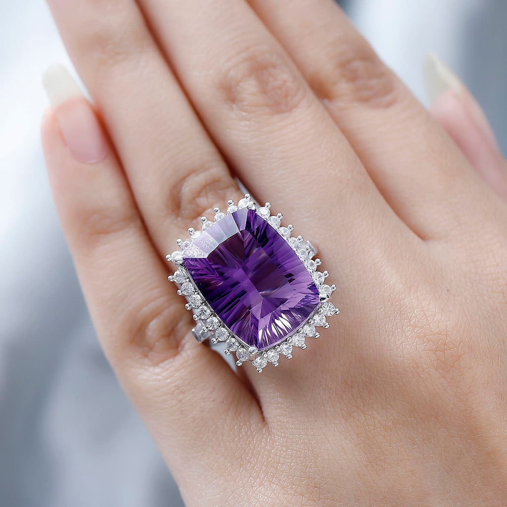 Amethyst & Natural Zircon Halo Ring in Platinum Overlay Sterling Silver, 21.50 Ct, Silver Wt 6.60 GM