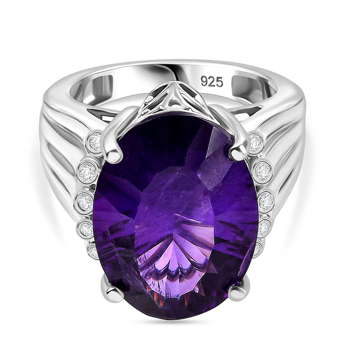 AAA Concave Cut Zambian Amethyst &amp; White Zircon Solitaire Ring in Rhodium Overlay Sterling Silver 11.84 Ct, Silver Wt. 6.65 Gms. 8036144 1