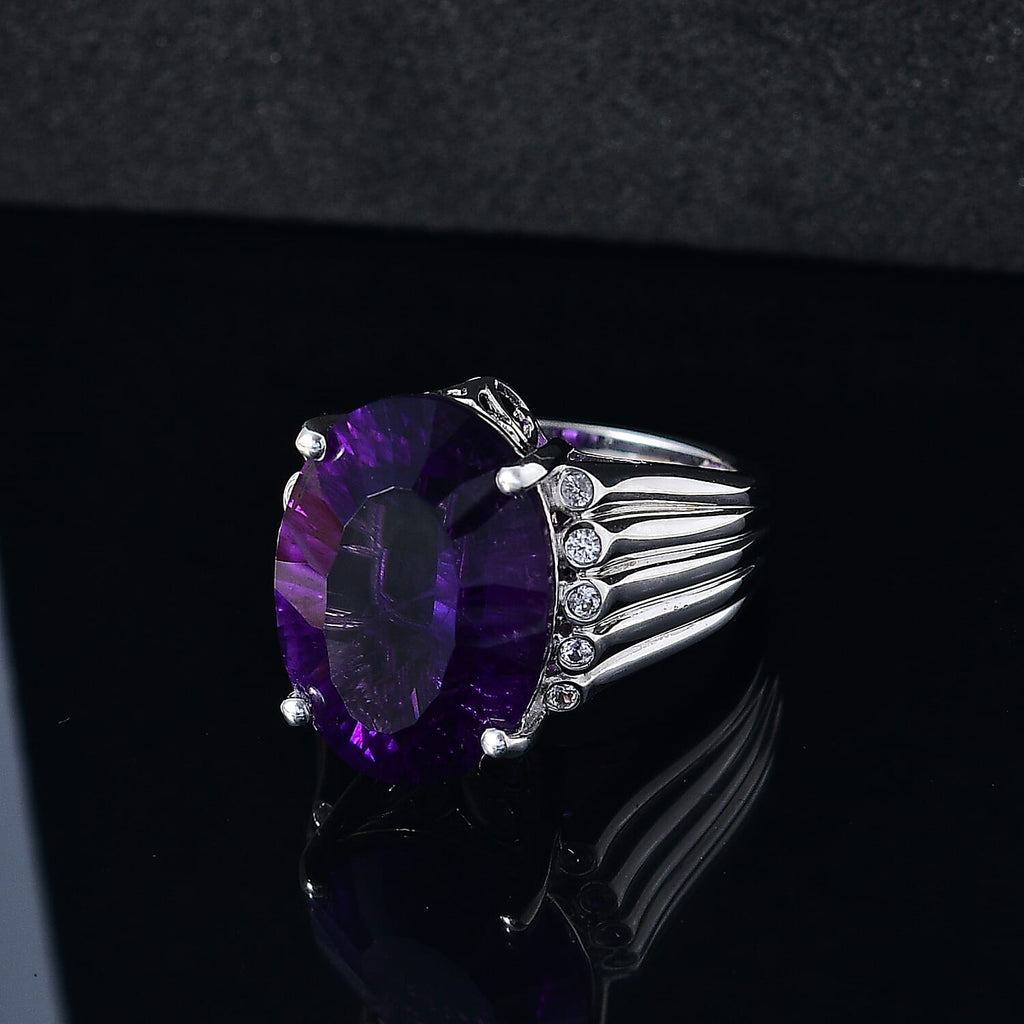 AAA Concave Cut Zambian Amethyst & White Zircon Solitaire Ring in Rhodium Overlay Sterling Silver 11.84 Ct, Silver Wt. 6.65 Gms.