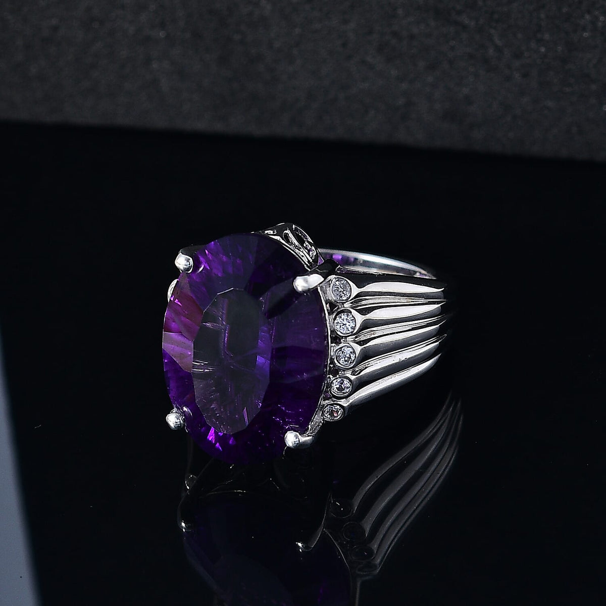 AAA Concave Cut Zambian Amethyst &amp; White Zircon Solitaire Ring in Rhodium Overlay Sterling Silver 11.84 Ct, Silver Wt. 6.65 Gms. 8036144 2