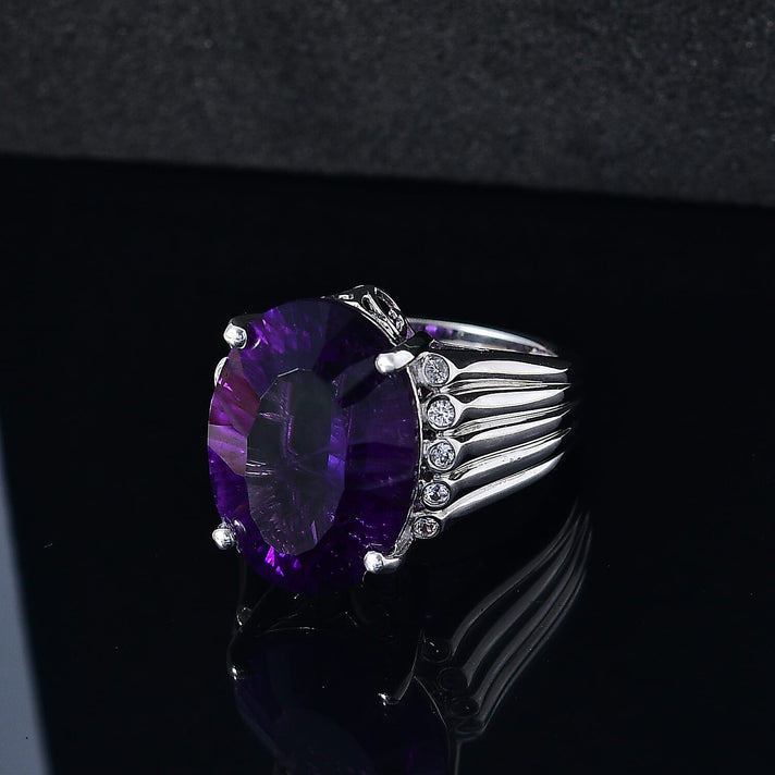 AAA Concave Cut Zambian Amethyst &amp; White Zircon Solitaire Ring in Rhodium Overlay Sterling Silver 11.84 Ct, Silver Wt. 6.65 Gms. 8036144 2