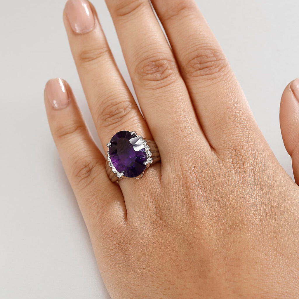 AAA Concave Cut Zambian Amethyst & White Zircon Solitaire Ring in Rhodium Overlay Sterling Silver 11.84 Ct, Silver Wt. 6.65 Gms.
