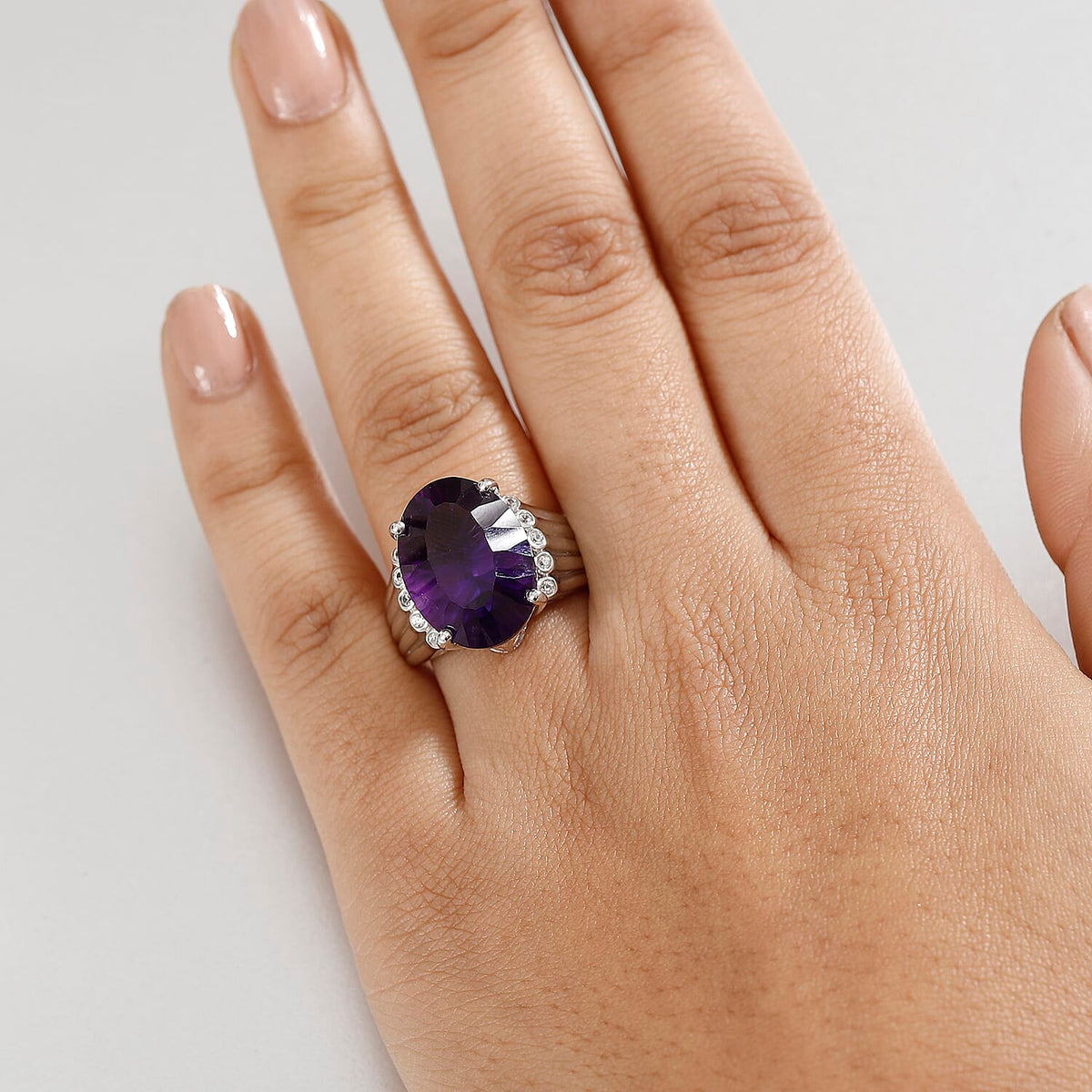 AAA Concave Cut Zambian Amethyst &amp; White Zircon Solitaire Ring in Rhodium Overlay Sterling Silver 11.84 Ct, Silver Wt. 6.65 Gms. 8036144 3