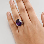 AAA Concave Cut Zambian Amethyst & White Zircon Solitaire Ring in Rhodium Overlay Sterling Silver 11.84 Ct, Silver Wt. 6.65 Gms.