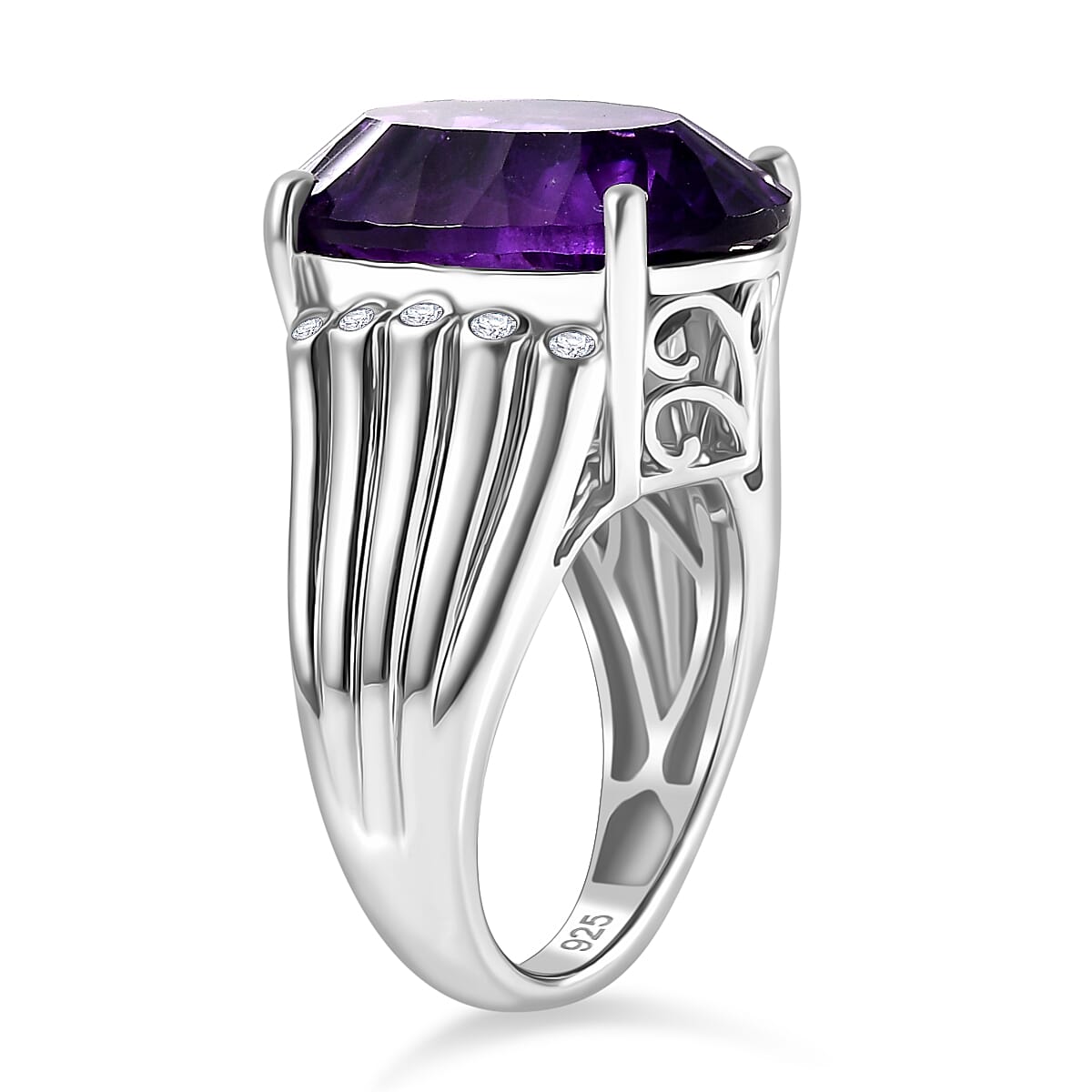 AAA Concave Cut Zambian Amethyst &amp; White Zircon Solitaire Ring in Rhodium Overlay Sterling Silver 11.84 Ct, Silver Wt. 6.65 Gms. 8036144 4