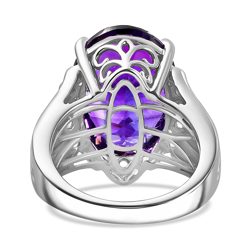 AAA Concave Cut Zambian Amethyst & White Zircon Solitaire Ring in Rhodium Overlay Sterling Silver 11.84 Ct, Silver Wt. 6.65 Gms.