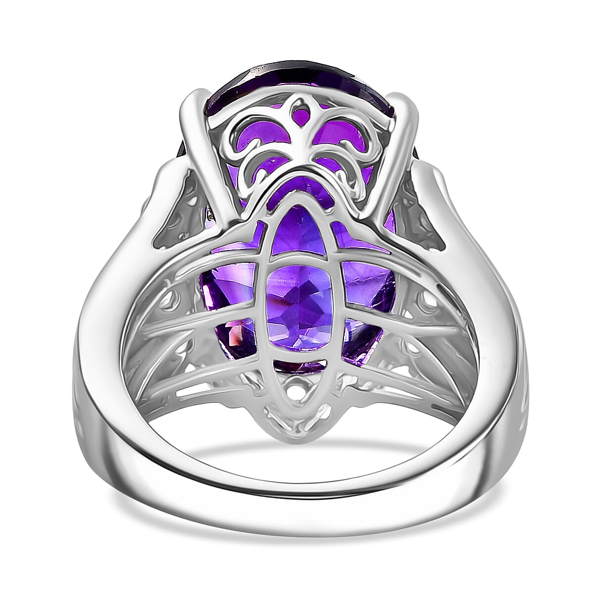 AAA Concave Cut Zambian Amethyst &amp; White Zircon Solitaire Ring in Rhodium Overlay Sterling Silver 11.84 Ct, Silver Wt. 6.65 Gms. 8036144 5