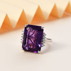 AAA African Amethyst & White Zircon Solitaire Ring in Rhodium Overlay Sterling Silver 16.42 Ct.