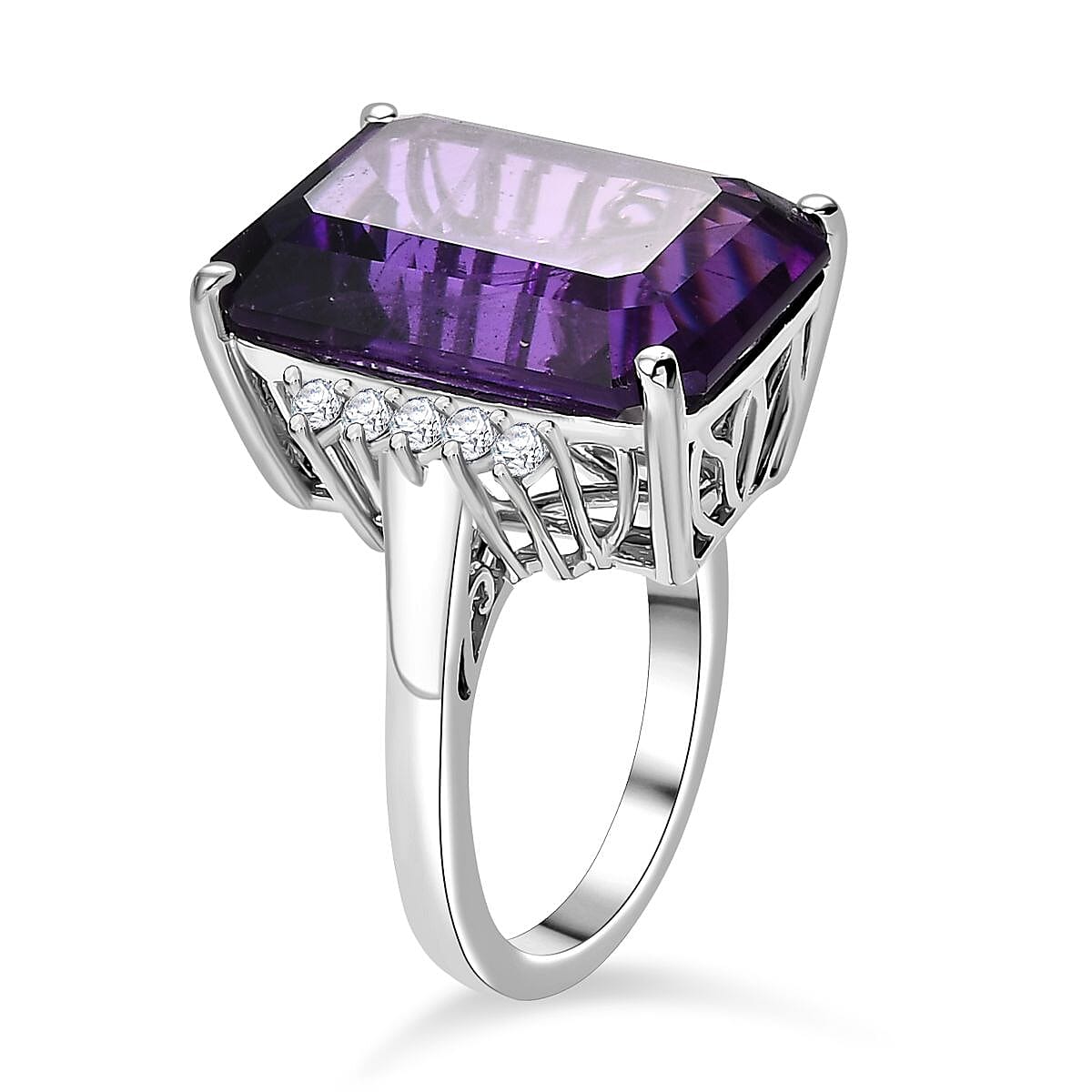 African Amethyst, White Zircon Ring in Rhodium Overlay Sterling Silver 8046387 4