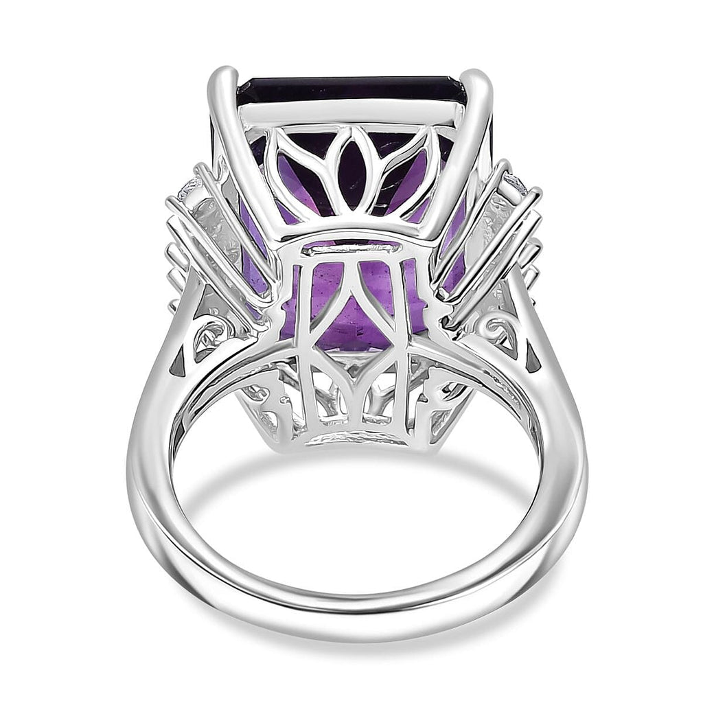 AAA African Amethyst & White Zircon Solitaire Ring in Rhodium Overlay Sterling Silver 16.42 Ct.