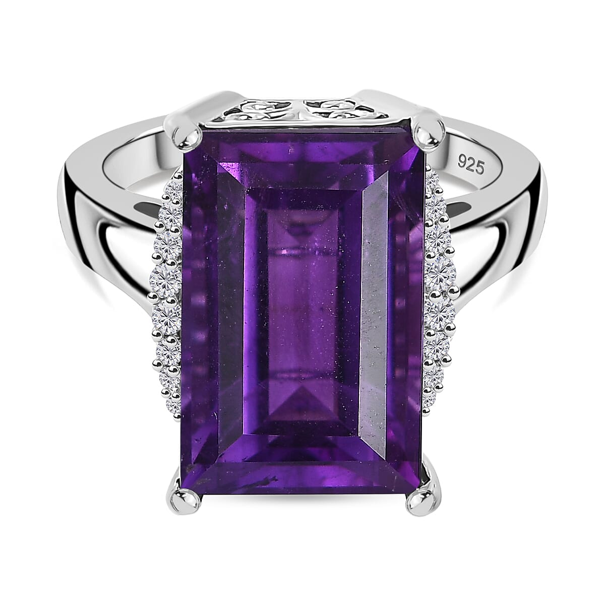 African Amethyst &amp; White Zircon Solitaire Ring in Rhodium Overlay Sterling Silver 9.55 Ct. 8046399 0