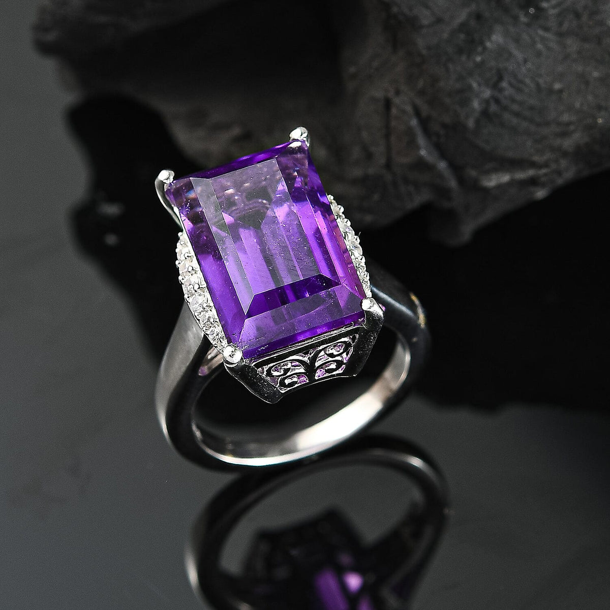 African Amethyst &amp; White Zircon Solitaire Ring in Rhodium Overlay Sterling Silver 9.55 Ct. 8046399 2
