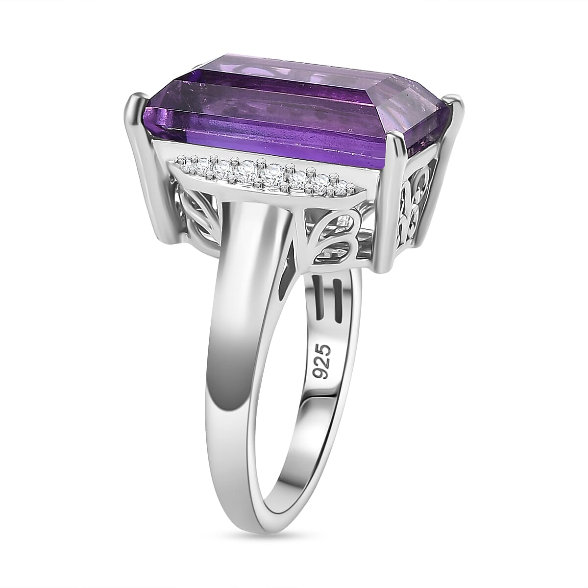 African Amethyst &amp; White Zircon Solitaire Ring in Rhodium Overlay Sterling Silver 9.55 Ct. 8046399 4