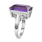 African Amethyst & White Zircon Solitaire Ring in Rhodium Overlay Sterling Silver 9.55 Ct.