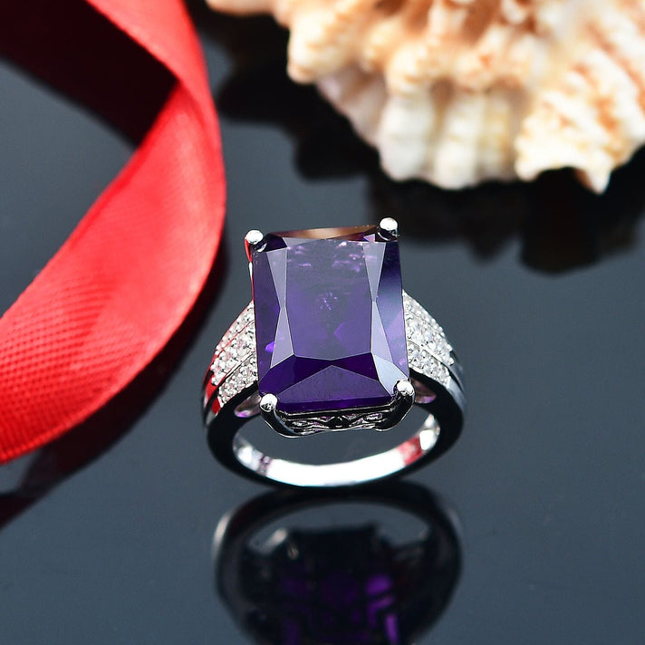 African Amethyst, White Zircon Ring in Rhodium Overlay Sterling Silver 8046415 2