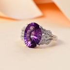 AAA Concave Cut  Zambian Amethyst & White Zircon Solitaire Ring in Rhodium Overlay Sterling Silver 5.81 Ct.