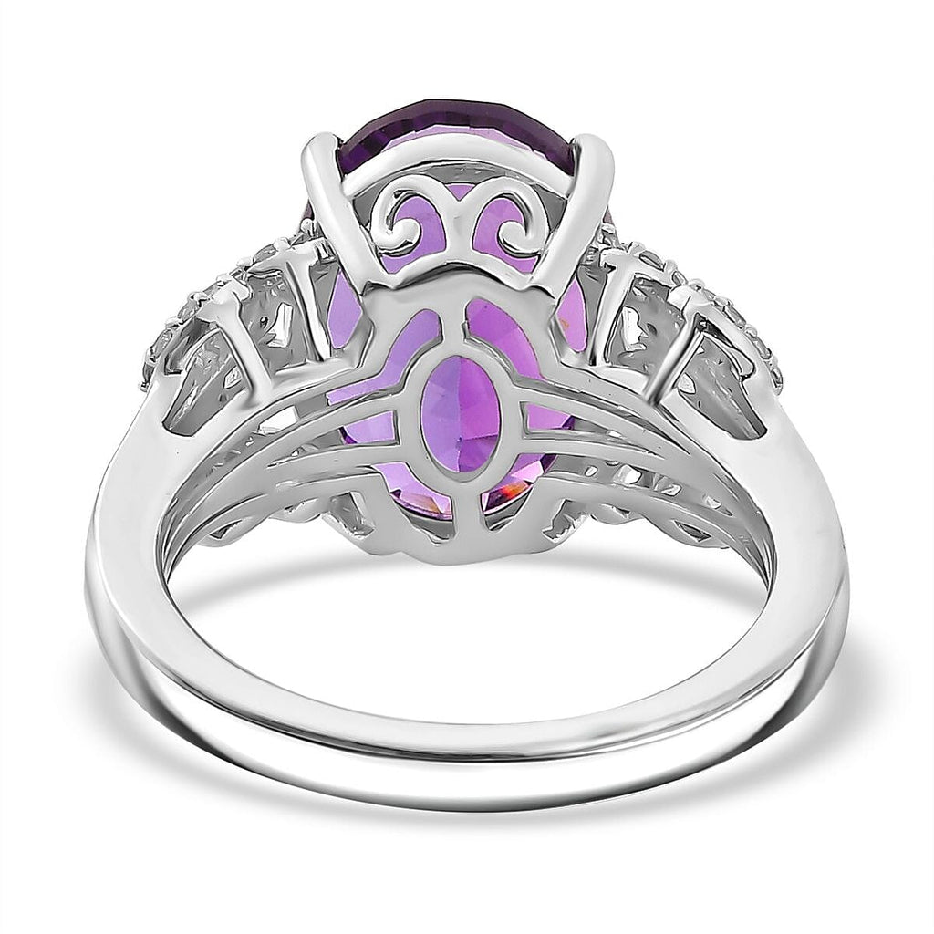 AAA Concave Cut  Zambian Amethyst & White Zircon Solitaire Ring in Rhodium Overlay Sterling Silver 5.81 Ct.