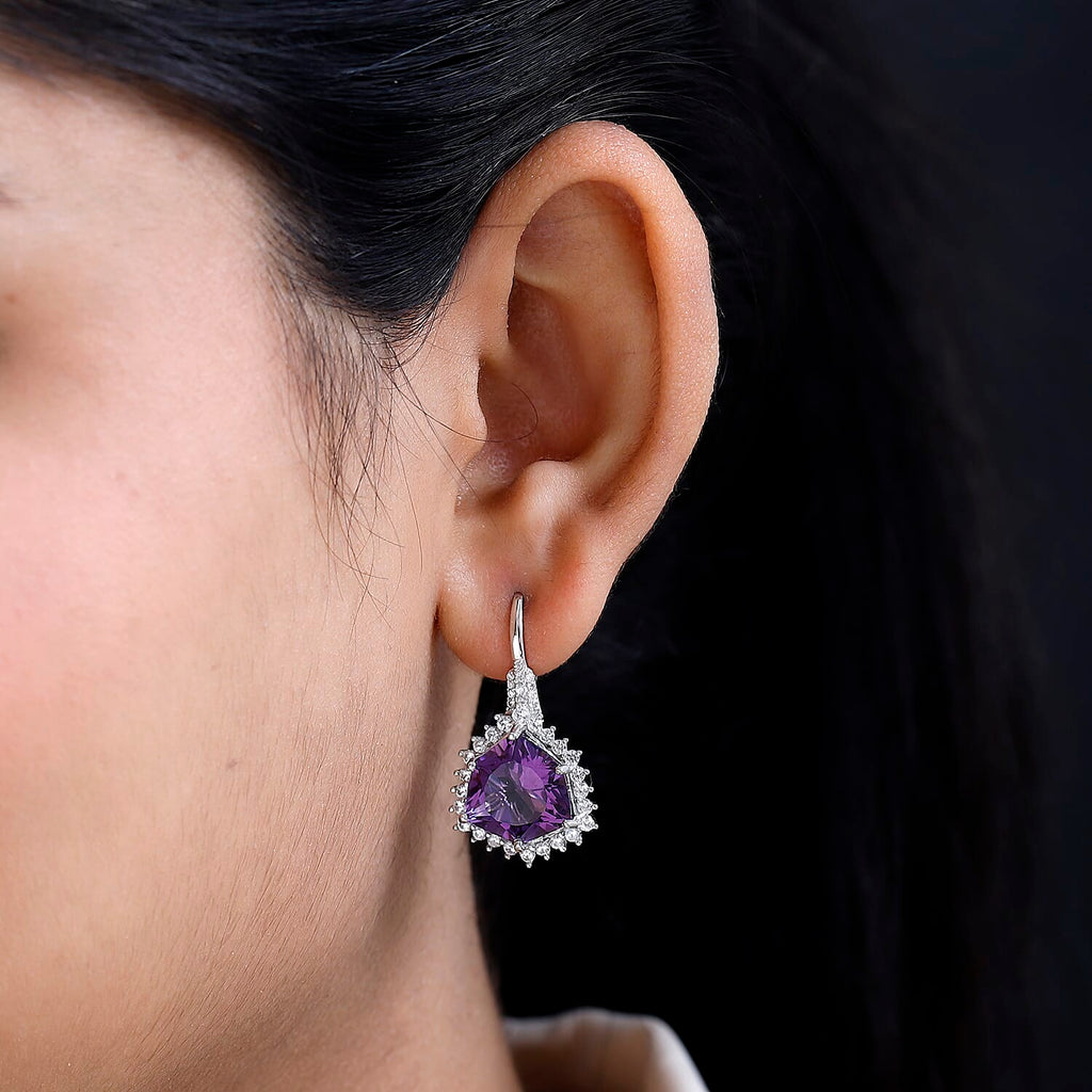 Canela Amethyst & Natural Zircon Stud Earrings in Platinum Overlay Sterling Silver 16.10 Ct,
