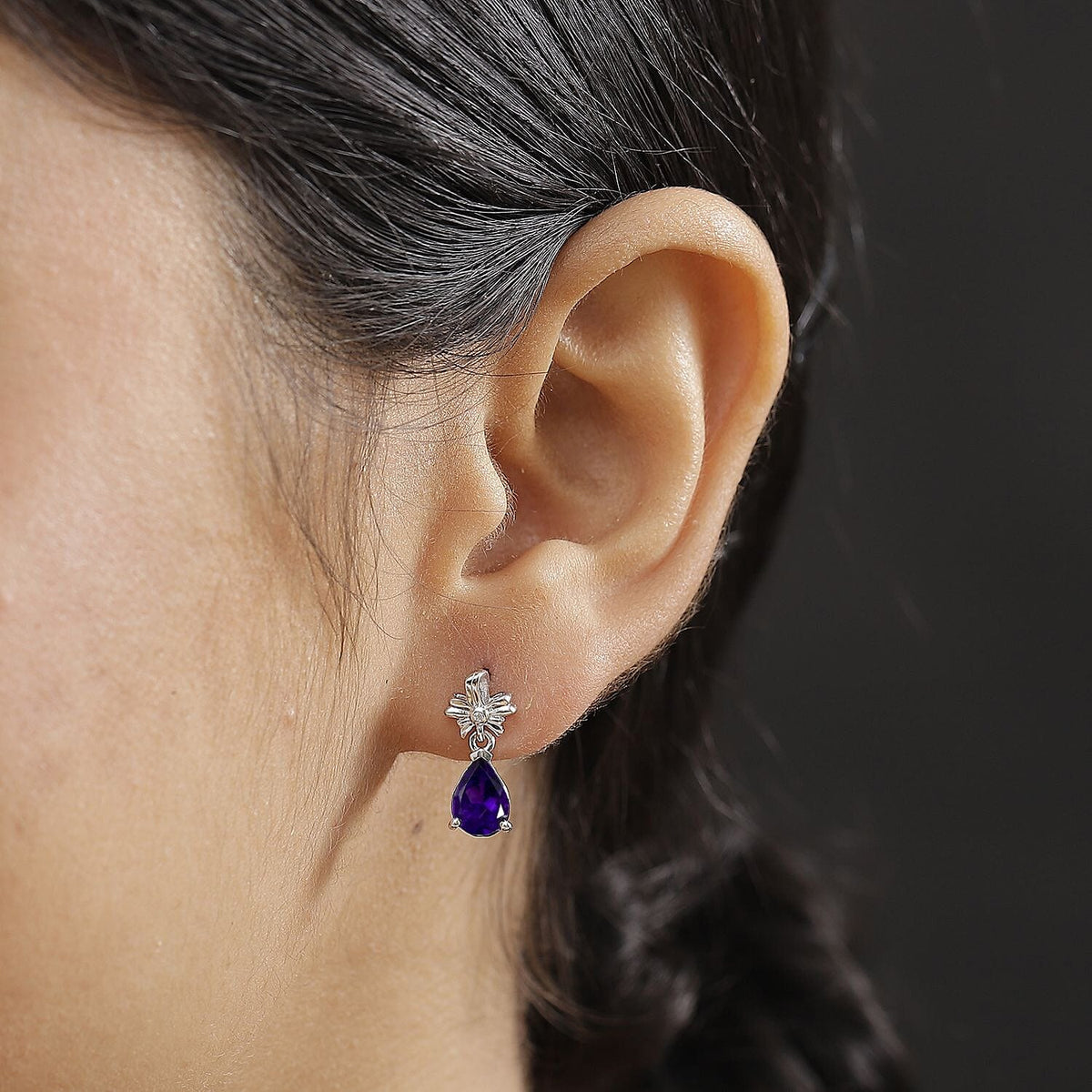 AAA African Amethyst &amp; White Zircon Solitaire Stud Push Post Earrings in Rhodium Overlay Sterling Silver 2.04 Ct. 8046504 3