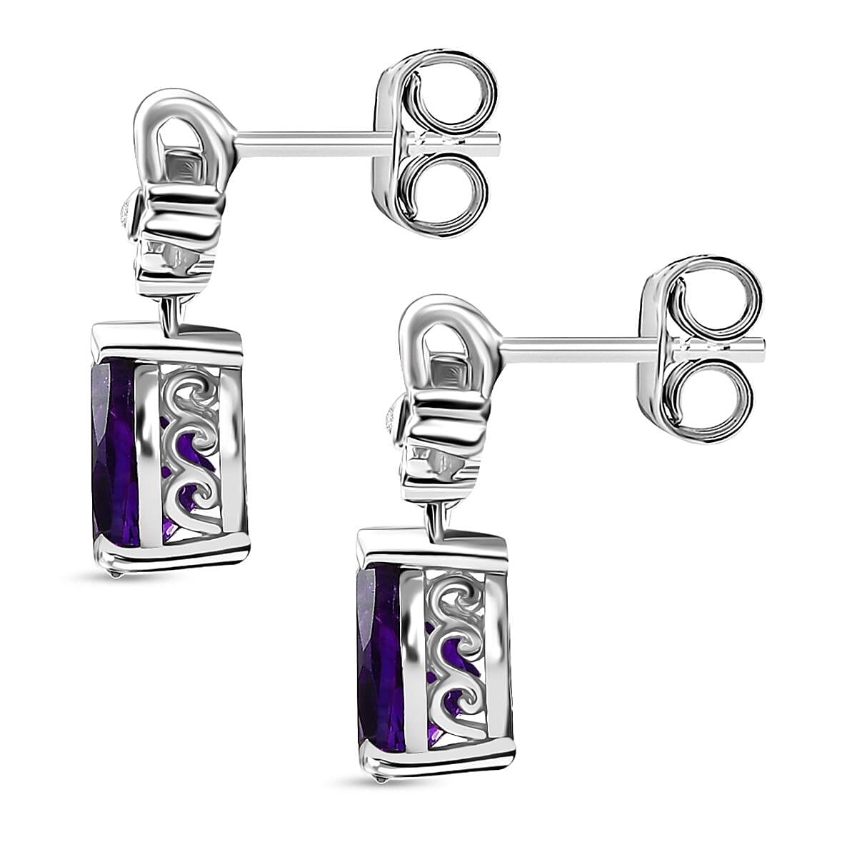 AAA African Amethyst &amp; White Zircon Solitaire Stud Push Post Earrings in Rhodium Overlay Sterling Silver 2.04 Ct. 8046504 4