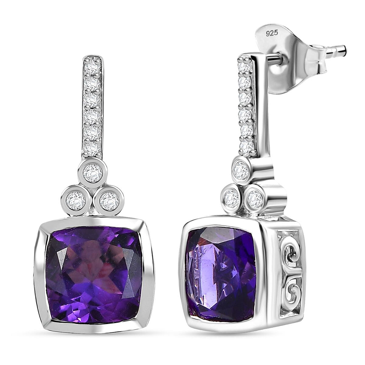 AAA African Amethyst &amp; White Zircon Solitaire Stud Push Post Earring in Rhodium Overlay Sterling Silver 5.12 Ct. 8046587 0